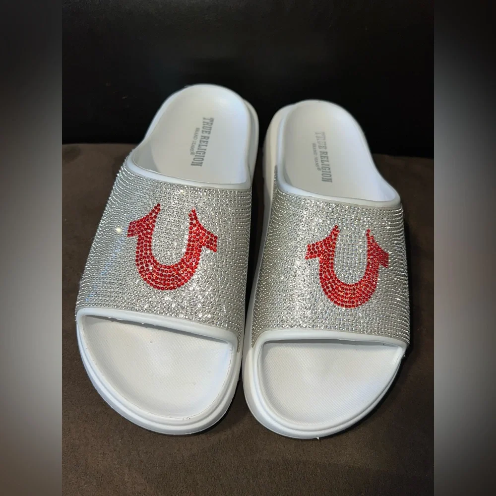 True Religion Stallion Rhinestone Logo Slide Sandal women’s size 8 - Picture 3 of 9